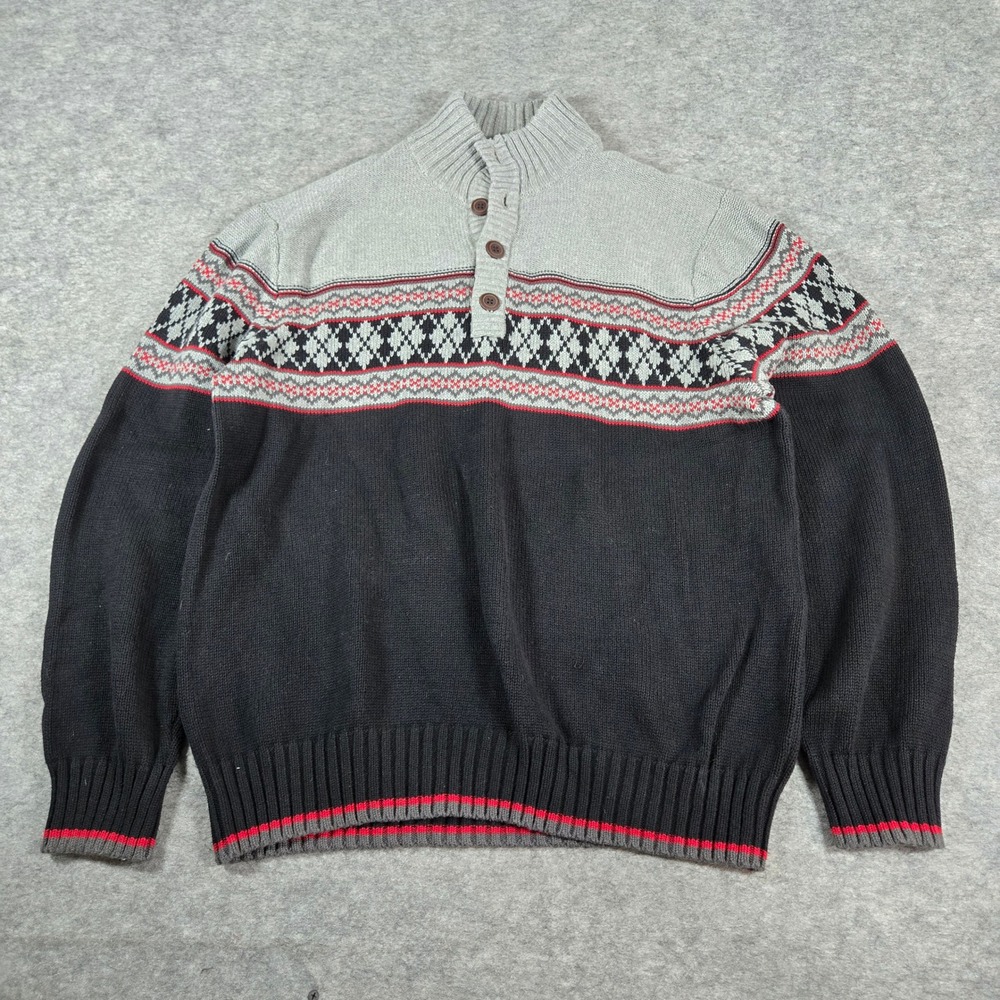 GH Bass Mens XL Black Fair Isle Argyle Mock Neck Henley Sweater Cotton Knit